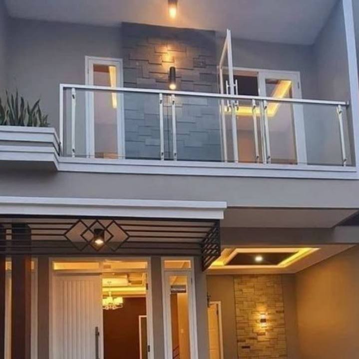 Railing balkon stainless dengan lampu rumah menyala