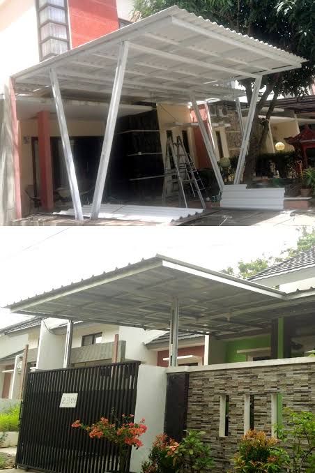 Kanopi rumah dengan tiang penyangga miring warna putih